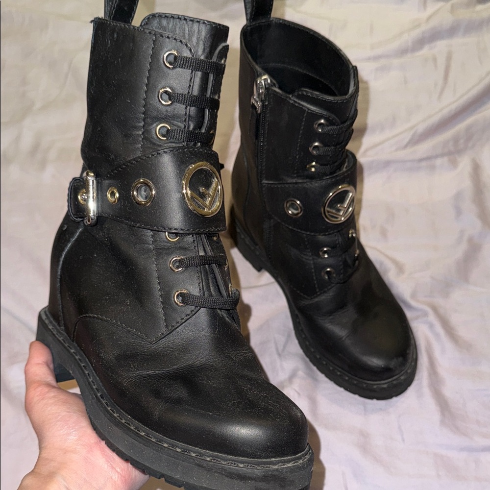Fendi Women’s Black Combat & Moto Boots w/ Hidden Heel, size 36